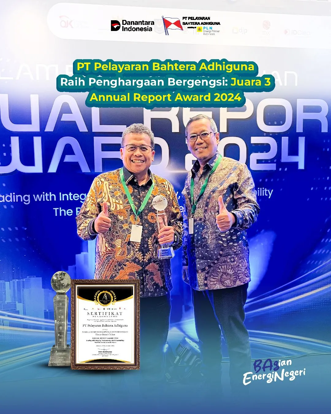PT Pelayaran Bahtera Adhiguna Raih Penghargaan Pada Ajang Annual Report Award 2024