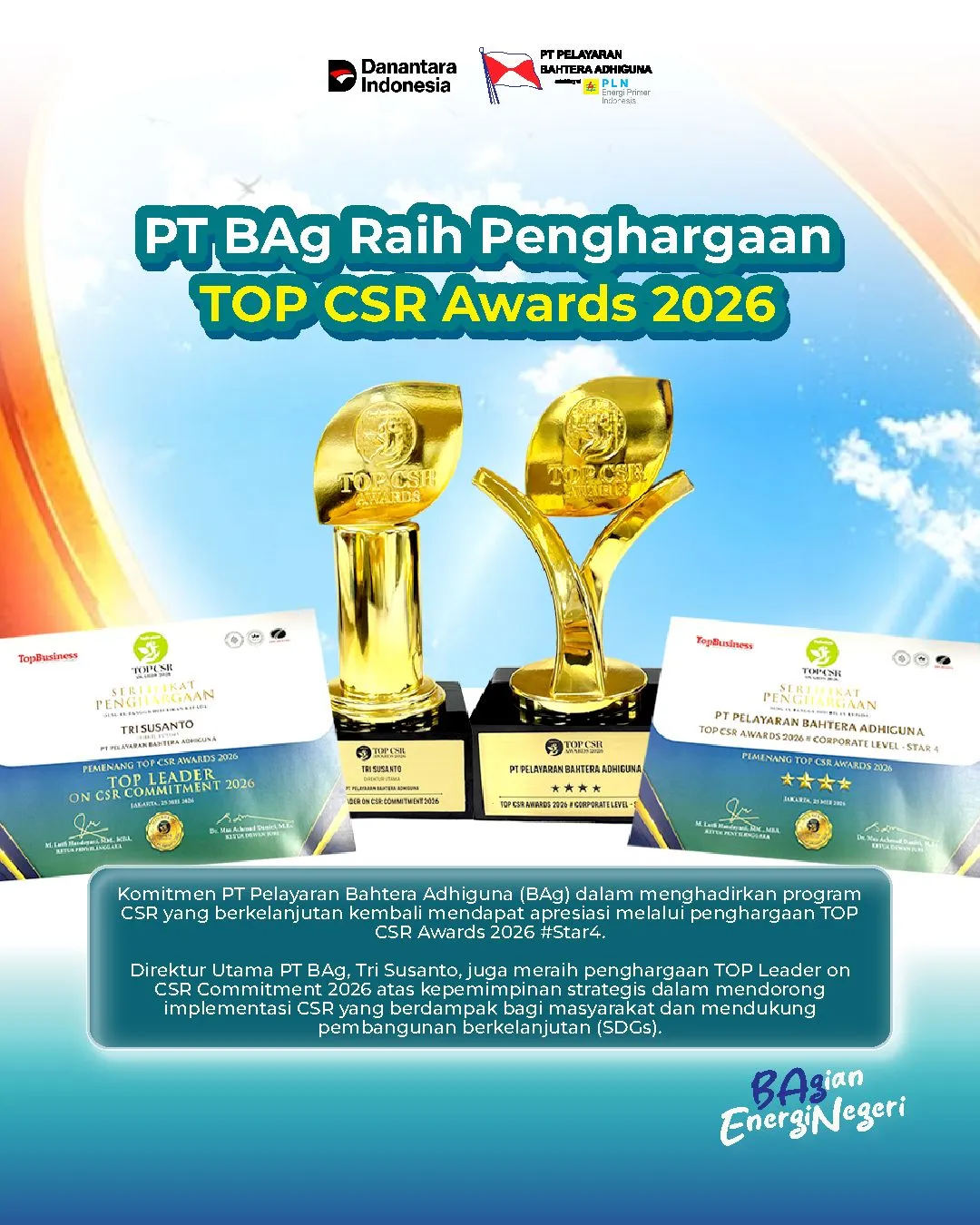 PT BAg Raih Penghargaan TOP CSR Awards